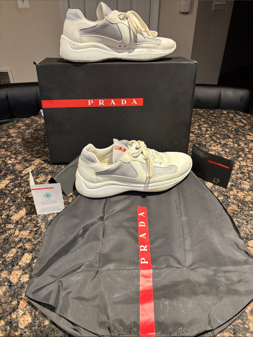 Prada Men’s Off-White Cream Mesh & Leather Sneakers